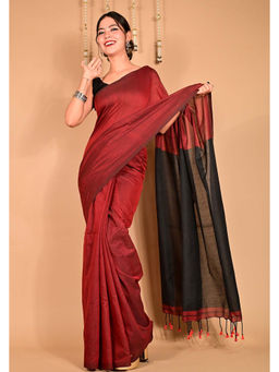 Shobitam - Maroon Khadi Cotton Black Pallu Tassels Wrap In 1 Minute Saree with Unstitched Blouse