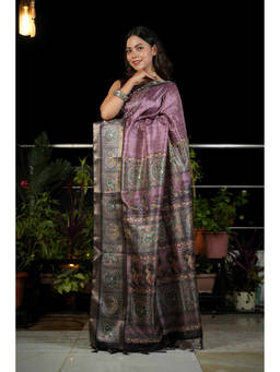 Shobitam - Silk Kalamkari Motif Pallu Antique Woven Border Saree with Unstitched Blouse