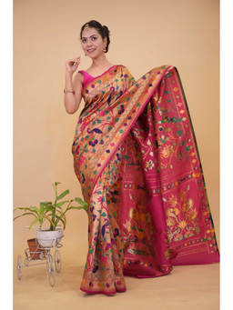 Shobitam - Floral Zari Silk Blend Paithani Beige Predraped Saree With Unstitched Blouse