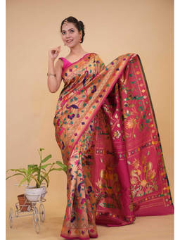 Shobitam - Pink and Gold Floral Zari Paithani Silk Blend Prestitched Saree