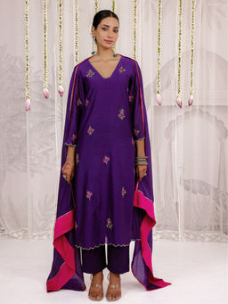 Myaara - Purple Embroidered Anarkali Kurti with Pant and Dupatta