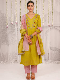Myaara - Olive Embroidered Kurta with Pant and Dupatta