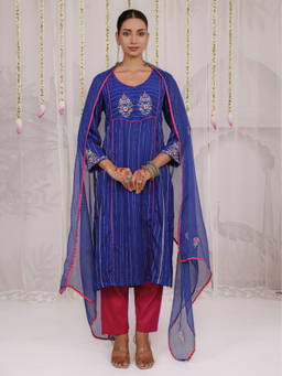 Myaara - Blue Embroidered Kurta with Pant and Dupatta