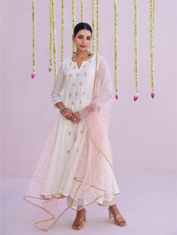 Myaara - Ivory Embroidered Anarkali with Pant and Dupatta