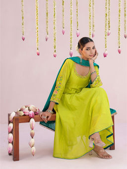 Myaara - Green Embroidered Anarkali with Pant and Dupatta