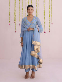 Myaara - Dusty Blue Embroidered Anarkali Kurti with Pant and Dupatta