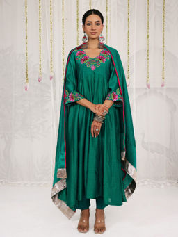 Myaara - Emerald Green Embroidered Anarkali Kurti with Pant and Dupatta
