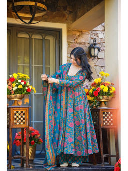 Idaho Clothing - Blue Mahveenah Cotton Anarkali with Palazzo & Dupatta