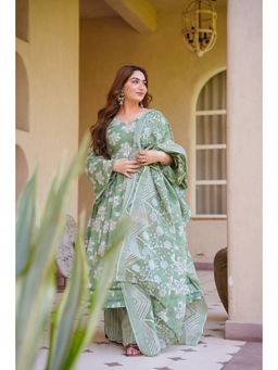Idaho Clothing - Green Cotton Anarkali with Palazzo and Dupatta