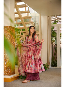 Idaho Clothing - Maroon Mridhula Cotton Anarkali with Palazzo and Dupatta