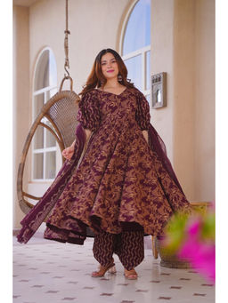 Idaho Clothing - Maroon Mrinalini Cotton Printed Anarkali with Dhoti and Dupatta