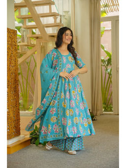 Idaho Clothing - Blue Netrika Floral Cotton Anarkali with Palazzo and Dupatta