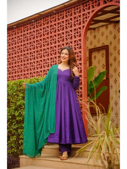 Idaho Clothing - Purple Ojalika Cotton Anarkali with Palazzo and Dupatta