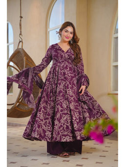 Idaho Clothing - Purple Omyra Printed Cotton Anarkali with Palazzo and Dupatta
