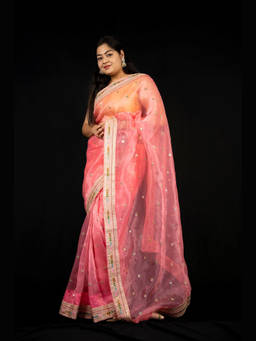 Shobitam - Rose Pink Tissue Silk Mirror Embellished Border Saree with Unstitched Blouse
