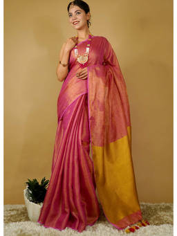 Shobitam - Pink and Gold Copper Bhagalpuri Linen Silk Tassel Pallu Saree with Unstitched Blouse
