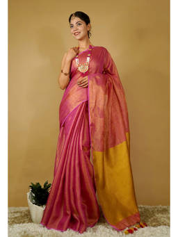 Shobitam - Copper Handloom Bhagalpuri Linen Silk Pink Predraped Saree With Unstitched Blouse