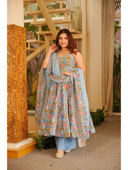 Idaho Clothing - Blue Preet Cotton Anarkali with Palazzo and Dupatta
