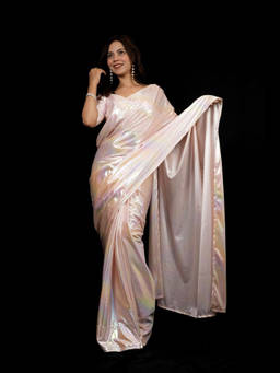 Shobitam - Metallic Rose Pink Sculpted Blouse Ready To Wear Saree with Unstitched Blouse