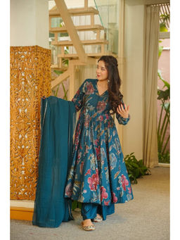 Idaho Clothing - Teal Rachita Floral Anarkali with Palazzo and Dupatta