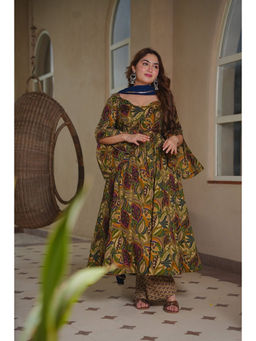 Idaho Clothing - Mustard Rianika Floral Cotton Anarkali with Palazzo and Dupatta