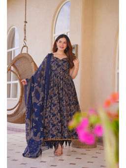 Idaho Clothing - Navy Blue Rivaysha Cotton Anarkali with Pant and Dupatta