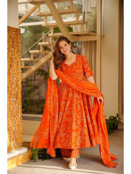 Idaho Clothing - Orange Rujul Cotton Anarkali with Palazzo and Dupatta