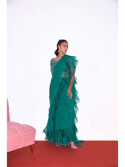 SHIAN - Emerald Green Frill Saree with Stitched Blouse