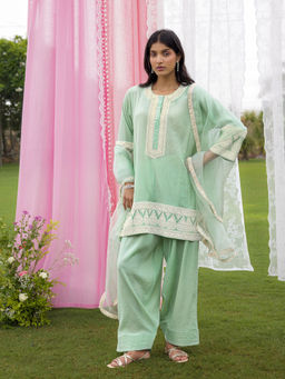 CHARU MAKKAR - Gia Green Kurta with Farshi Salwar and Dupatta