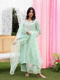 CHARU MAKKAR - Jayne Green Kurta with Palazzos and Dupatta