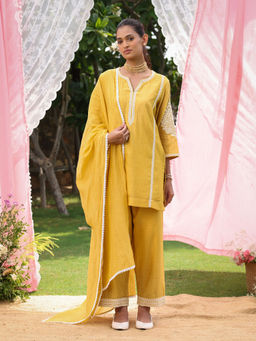 CHARU MAKKAR - Michiko Yellow Kurta with Palazzos and Dupatta