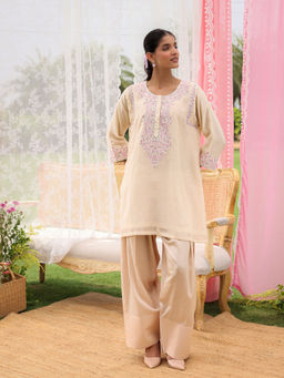 CHARU MAKKAR - Judie Cream Kurta with Farshi Salwar and Dupatta