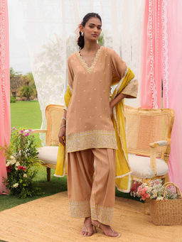 CHARU MAKKAR - Isla Beige Kurta with Farshi Salwar and Dupatta