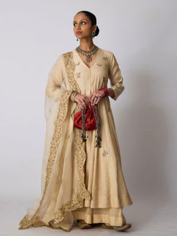 Rhua India - Gold Chavi Chanderi Anarkali with Sharara and Dupatta