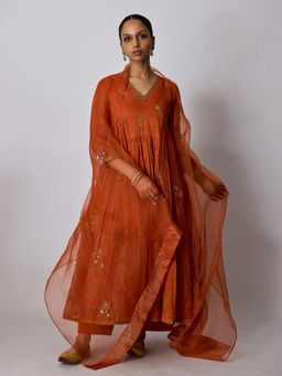 Rhua India - Rust Antara Chanderi Anarkali with Pants and Dupatta
