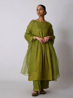 Rhua India - Green Mohini A-Line Kurta with Pants and Dupatta