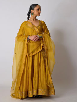 Rhua India - Mustard Indu Chanderi Silk Anarkali with Pants and Dupatta