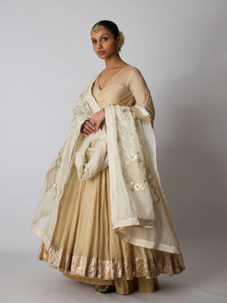 Rhua India - Gold Tulsi Chanderi Anarkali with Sharara and Dupatta