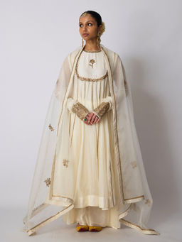 Rhua India - Ivory Gauri Chanderi Anarkali with Sharara and Dupatta