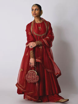 Rhua India - Red Madhvi Chanderi Anarkali with Sharara and Dupatta