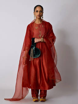 Rhua India - Red Rasika Chanderi Kurta with Pants and Dupatta