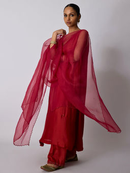 Rhua India - Red Vani Chanderi Kurta with Pants and Dupatta