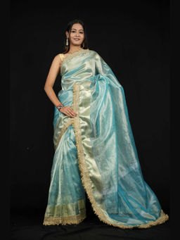 Shobitam - Tissue Silk Banarasi Zari Border Lace Work Ready To Wear Saree with Unstitched Blouse
