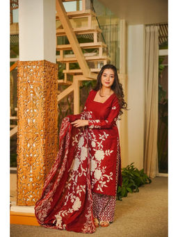 Idaho Clothing - Shloka Red Cotton Straight Kurta with Palazzo and Dupatta