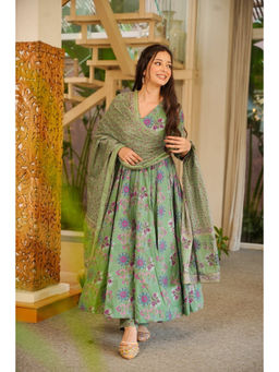 Idaho Clothing - Green Shravya Cotton Anarkali with Pant and Dupatta