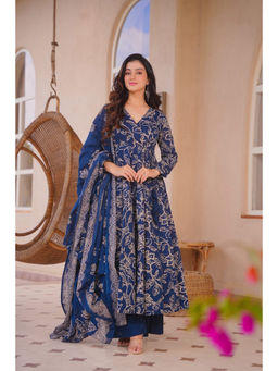 Idaho Clothing - Soumika Blue Cotton Anarkali with Palazzo and Dupatta