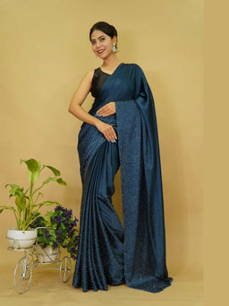 Shobitam - Soft Satin Stone Embellished Wrap In 1 Minute Saree with Unstitched Blouse