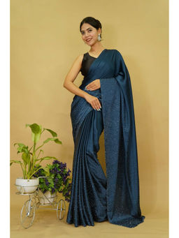 Shobitam - Soft Satin With Stone Embellished Blue Predraped Saree With Unstitched Blouse