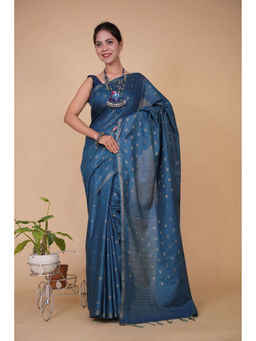 Shobitam - Teal Blue Cotton Silk Zari Butta Tassel Ready To Wear Saree with Unstitched Blouse