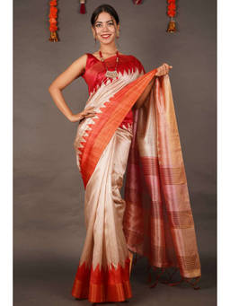 Shobitam - Temple Border Tussar Beige Predraped Saree With Unstitched Blouse